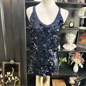 Intuitions Blue Silk and Sequin Tank Top Size Large